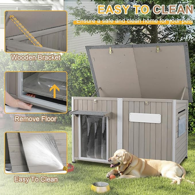 Weatherproof Outdoor Dog House, Wooden Puppy Shelter with Anti-Chewing Iron Frame and Elevated Floor, Sturdy Dog Kennel for Small, Medium &amp; Large Dogs, Grey (Gray, 51" L x 29" W x 32" H)