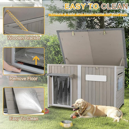 Weatherproof Outdoor Dog House, Wooden Puppy Shelter with Anti-Chewing Iron Frame and Elevated Floor, Sturdy Dog Kennel for Small, Medium &amp; Large Dogs, Grey (Gray, 51" L x 29" W x 32" H)