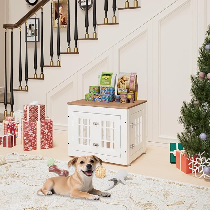 26" Heavy Duty Dog Crate Furniture for Small,Medium and Large Dogs,Rustic Wooden Dog Cage Kennel Indoor Furniture with Waterproof Top,Decorative Pet House Side End Table (White &amp; Wood)