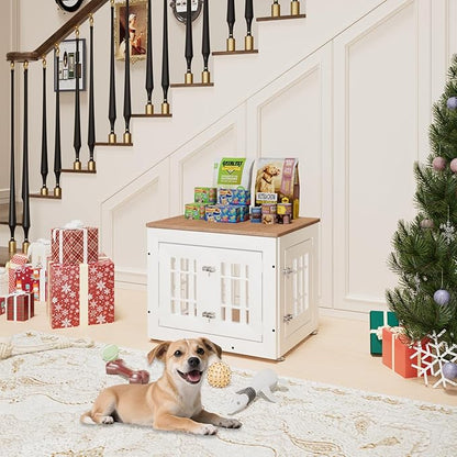 26" Heavy Duty Dog Crate Furniture for Small,Medium and Large Dogs,Rustic Wooden Dog Cage Kennel Indoor Furniture with Waterproof Top,Decorative Pet House Side End Table (White &amp; Wood)