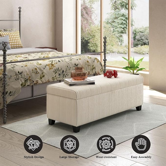 48" Ottoman with Storage, Corduroy Storage Ottoman Bench for Bedroom, End of Bed Bench with Safety Hinge for Living Room, Bedroom, Entryway, White
