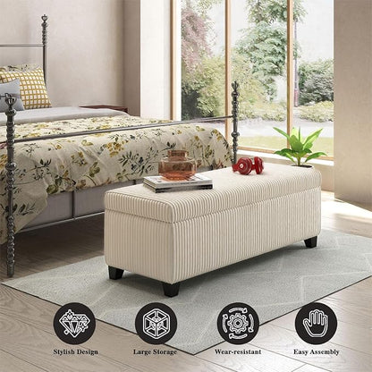 48" Ottoman with Storage, Corduroy Storage Ottoman Bench for Bedroom, End of Bed Bench with Safety Hinge for Living Room, Bedroom, Entryway, White