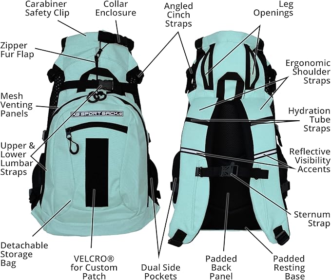 K9 Sport Sack Plus 2 - Small, Summer Mint - Ideal for Dogs 13-16” Long - Adjustable, Backpack-Style Carrier with Multi-Functional Storage Pack, Thick Shoulder Straps &amp; Padded Back Panel