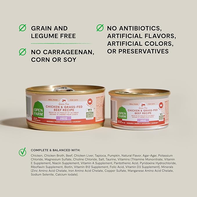 Open Farm Canned Cat Food, Paté for Complete &amp; Balanced Nutrition, Grain-Free and Legume-Free Wet Cat Food, Chicken &amp; Beef Recipe, 2.8oz Cans (Case of 18)
