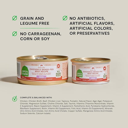 Open Farm Canned Cat Food, Paté for Complete &amp; Balanced Nutrition, Grain-Free and Legume-Free Wet Cat Food, Chicken &amp; Beef Recipe, 2.8oz Cans (Case of 18)
