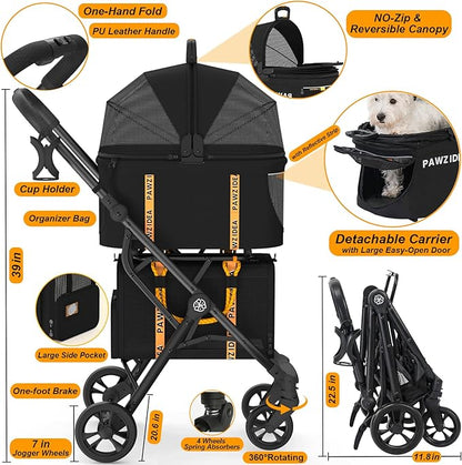 PAWZIDEA Double Pet Stroller with 2 Detachable Carriers, Portable Dog Crate for Car Travel &amp; TSA-Approved Expandable Cat Carrier, Foldable Lightweight Jogger Stroller for 2–4 Cats or Small/Medium Dogs