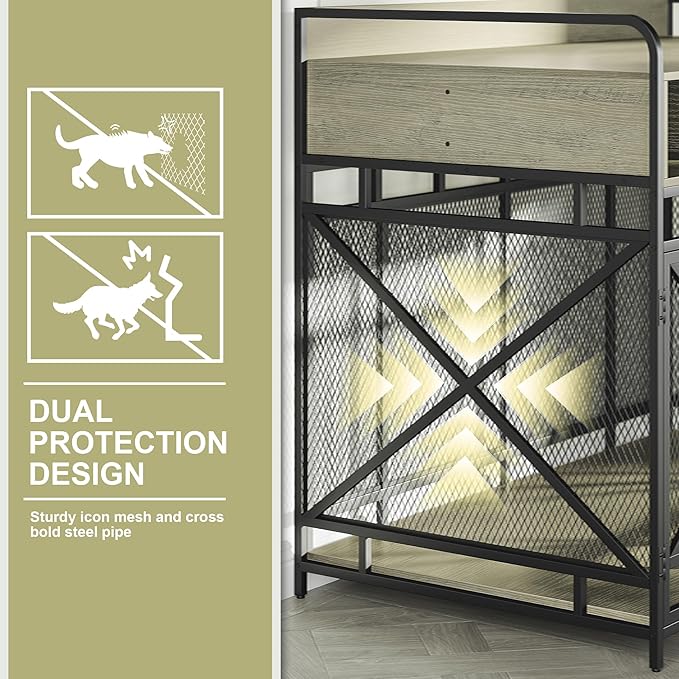 Dog Crate Furniture, 43" Heavy Duty Wooden Dog Crate End Table, XL Dog Kennel Furniture Large Breed, Decorative Dog Kennel Indoor with 3 Drawers &amp; Steel Tubes 43" L x28 W x36 H (Grey)