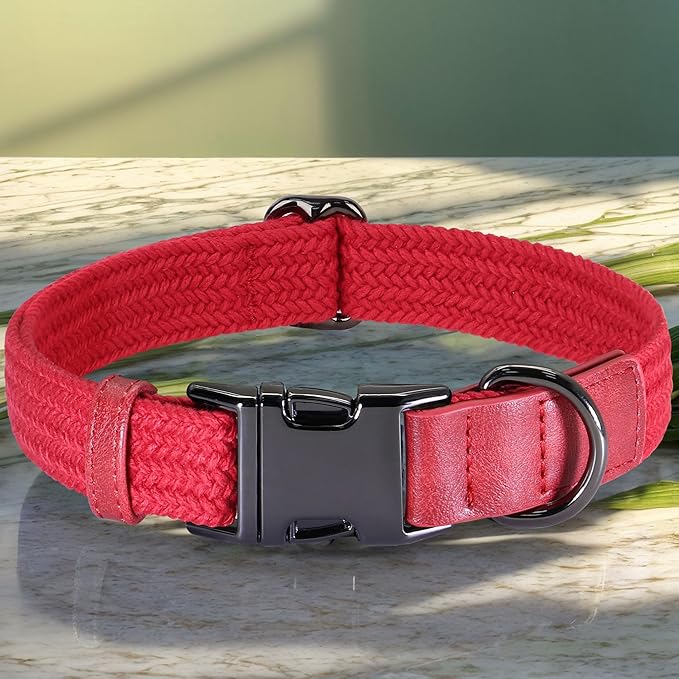 PET ARTIST Soft Cotton Dog Collar for Small Dogs in Glamorous Red, Simple Dog Collar with Quick Release Metal Buckle &amp; D Ring, S Size (10-16")