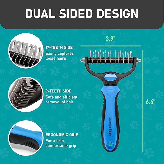Maxpower Planet Pet Grooming Brush - Double Sided Shedding and Dematting Undercoat Rake Comb for Dogs and Cats,Extra Wide (B1 - Rake, Gloves &amp; Comb, Large)