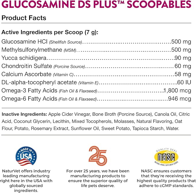 NaturVet Scoopables Dog Joint Supplement - Glucosamine DS Plus Level 2 Moderate Hip &amp; Joint Care for Dogs w/Chondroitin &amp; MSM - Hickory Smoked Bacon Flavored Pet Health Supplements | 11oz Bag