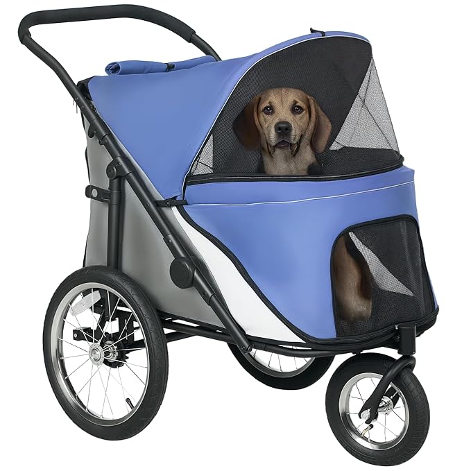 PawHut Dog Stroller, Pet Stroller 3 Wheels with Easy One-Hand Fold, Rubber Wheels, Storage Bag, Soft Cushion, Safety Leash, for Small &amp; Medium Dogs, Blue