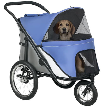 PawHut Dog Stroller, Pet Stroller 3 Wheels with Easy One-Hand Fold, Rubber Wheels, Storage Bag, Soft Cushion, Safety Leash, for Small &amp; Medium Dogs, Blue