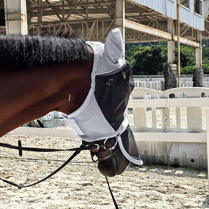 Luminous Horse Fly Mask with Long Nose, Ears, Full Face &amp; Eye Protection - Full Mesh, Detachable Nose Cover, Fleece Padded Edging, Hook-and-Loop Straps with Webbing, Hanging Straps Grey