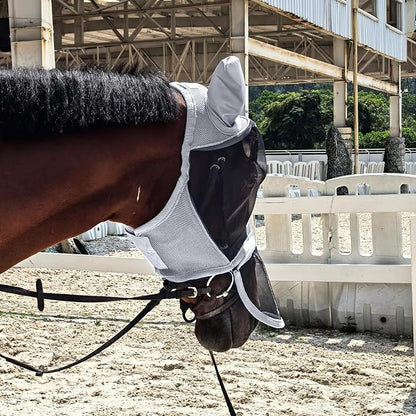 Luminous Horse Fly Mask with Long Nose, Ears, Full Face &amp; Eye Protection - Full Mesh, Detachable Nose Cover, Fleece Padded Edging, Hook-and-Loop Straps with Webbing, Hanging Straps Grey