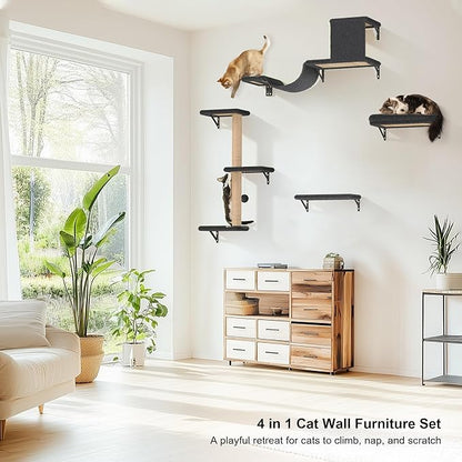 FUKUMARU Cat Wall Shelves, Stable &amp; Safe 4 in 1 Cat Furniture Set, Wooden Climbing Wall with Scratching Post for 16 Inch Drywall - Gray