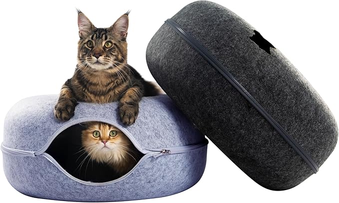 CATTASAURUS Peekaboo Cat Cave for Multiple &amp; Large Cats Up to 30-45 Lbs, Scratch Detachable &amp; Washable Tunnel Bed, Comfy Donut Cat Cave (Light Gray + Dark Gray, Large)