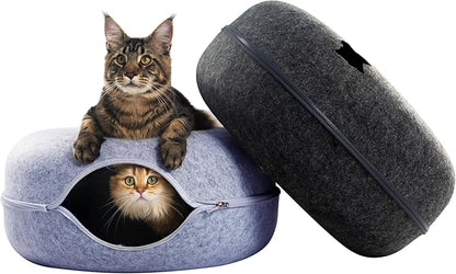 CATTASAURUS Peekaboo Cat Cave for Multiple &amp; Large Cats Up to 30-45 Lbs, Scratch Detachable &amp; Washable Tunnel Bed, Comfy Donut Cat Cave (Light Gray + Dark Gray, Large)