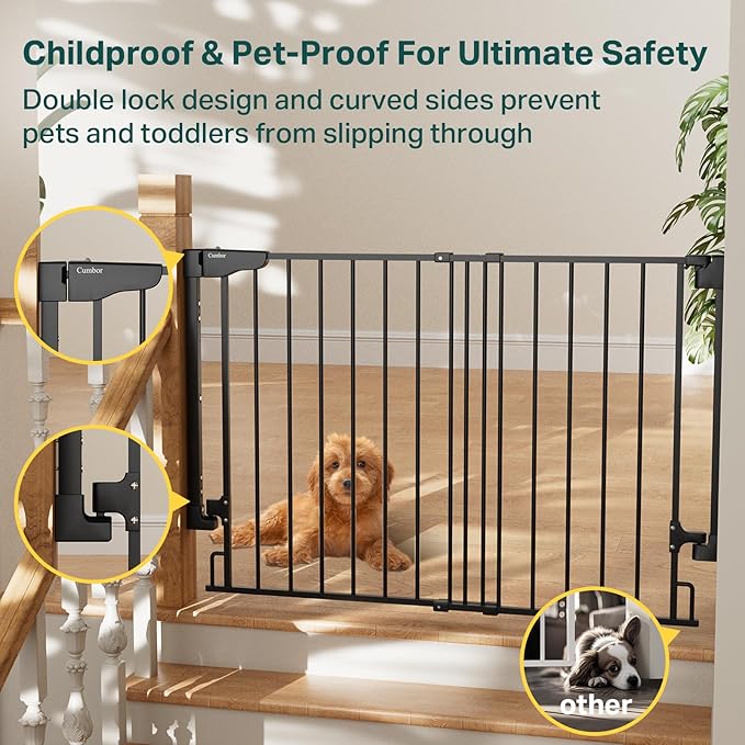 Cumbor 29.2-43" No Bottom Bar Baby Gate for Stairs, 2-in-1 Hardware Mounted Dog Gate Indoor, Wide Pet Gates for Doorway with Large Walk Thru Door, Child-Proof Gate for Top &amp; Bottom of Stairs(Black)