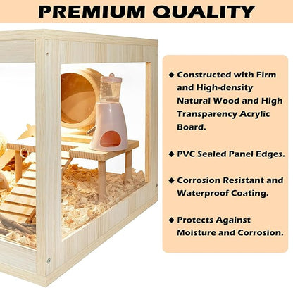 Prolee Hamster Habitat Chewproof, Mice and Rat Habitat with Transparent Sides, Hamster Cage with Openable Mesh Top, Solid Built with Lock Design (32" L x 16" W x 16" H)