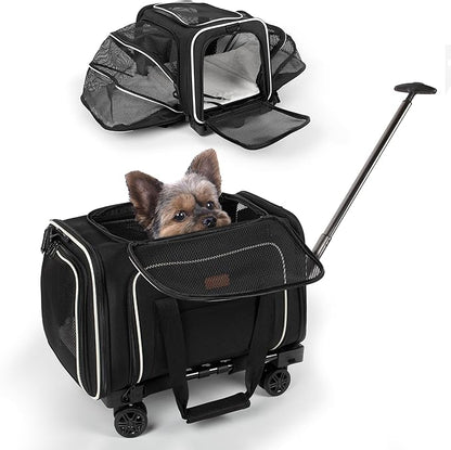Pet Carrier for Travel - Small Dogs/Cats - 15 LBS MAX Dogs/Cats Expandable - Airline Approved &amp; Roomy - Premium Pets Carrier with Wheels - Cozy Soft-Lined Travel Carrier - Stylish Black Design