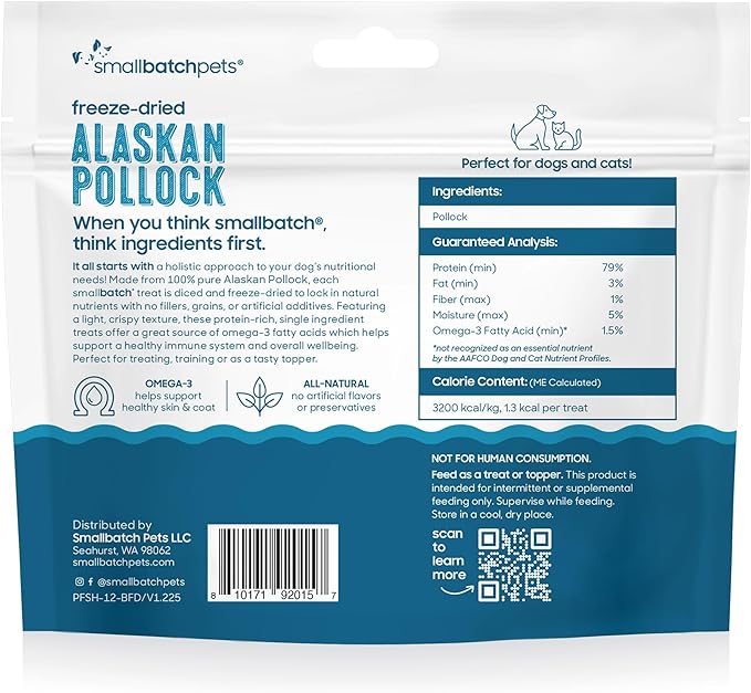 smallbatch Pets Freeze Dried Cat &amp; Dog Treats, 1.25oz - Alaskan Pollock, Organic High Protein Treats, Omega 3 Fatty Acids, Gluten Free, Grain Free, Made in The USA, Ethically Sourced, Single Protein