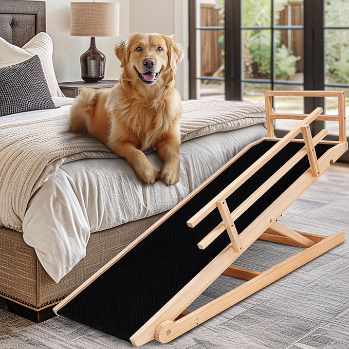 Dog Ramp, 5 Level Adjustable Height Folding Pet Ramp for High Bed, Portable Paw Ramps Large Bed Ramp for Medium &amp; Large Old Dogs &amp; Cats - Natural Wood Furniture Quality