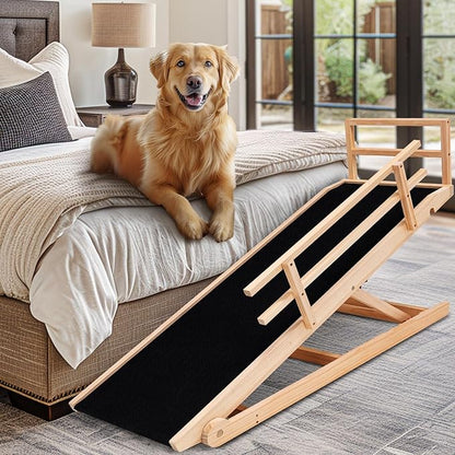 Dog Ramp, 5 Level Adjustable Height Folding Pet Ramp for High Bed, Portable Paw Ramps Large Bed Ramp for Medium &amp; Large Old Dogs &amp; Cats - Natural Wood Furniture Quality