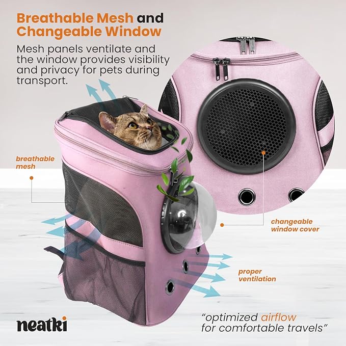 Cat Backpack Carrier, Airline Approved, Space Capsule Bubble Design, Ideal for Cats &amp; Dogs up to 28-35 lbs, with Strong Straps, Safety Zippers, Mesh, Comfortable for Hiking &amp; Travel (Pink)