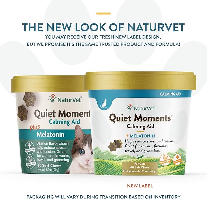 NaturVet –Quiet Moments Calming Aid for Cats Plus Melatonin – 60 Soft Chews – Helps Reduce Stress &amp; Promote Relaxation – Great for Storms, Fireworks, Travel &amp; Grooming