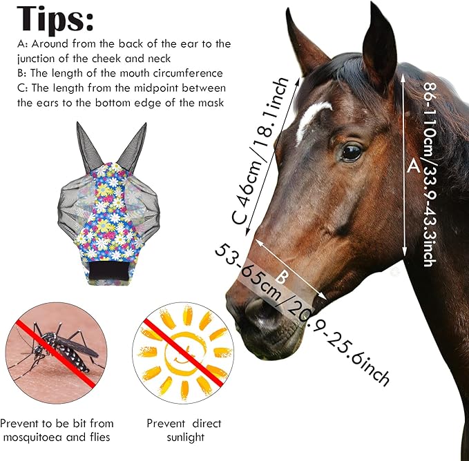 Qualirey12 Pieces Horse Fly Mask Bulk Comfortable Elasticity Mask for Horses with Ears Net UV Protection Breathable Horse Supplies Face Covering for Horse Pony and Foal (Flower Patterns, Large)