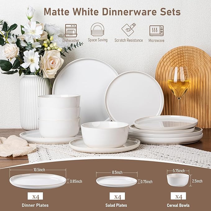GBHOME Ceramic Dinnerware Sets for 4, 12 Pieces Stoneware Plates and Bowls Sets, Reactive Glaze Dishes -Scratch Resistant, Dishwasher&amp;Microwave Safe-Star White