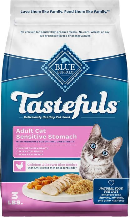 Blue Buffalo Tastefuls Natural Dry Food for Adult Cats, Sensitive Stomach, Chicken &amp; Brown Rice Recipe, 3-lb. Bag