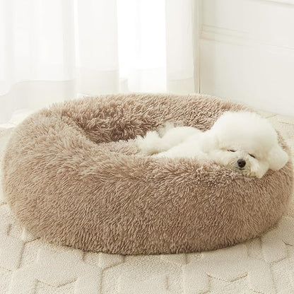 WNPETHOME Calming Dog Bed &amp; Cat Bed, Anti-Anxiety Donut Small Dog Beds, Fluffy Faux Fur Cat Cushion Dogs Bed for Small Dogs and Pet (24 x 24 Inch, Brown)