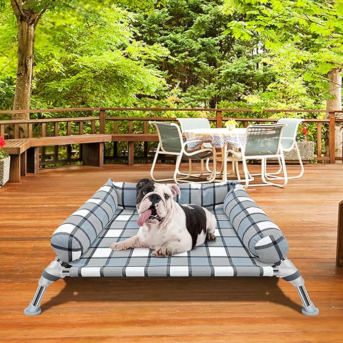 Elevated Raised Dog Bed Cot - Cooling Dog Bed with Pillows, Portable Washable Pet Cot with Metal Frame for Indoor &amp; Outdoor Use