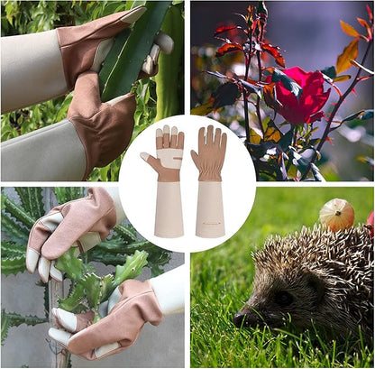 HANDLANDY Long Gardening Gloves for Men &amp; Women, Thorn Proof Rose Pruning Gloves Leather Gauntlets Garden Glove Yard Work Glove (Small, Brown)