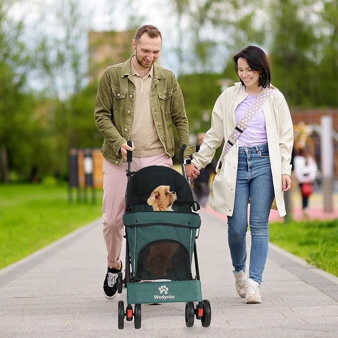 Umbrella Dog Stroller, 4 Wheels Pet Strolling, Foldable Carrier Pet Stroller for Small Dogs Cats, with Carrying Strap and Cup Holder, Dog Poop Bags &amp; Dispenser, Up to 33 lbs, Dark Green