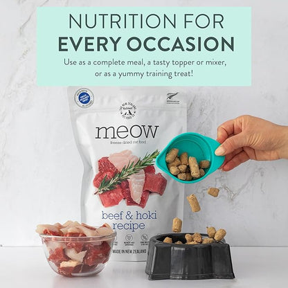 Meow Beef &amp; Hoki Freeze Dried Raw Cat Food, Mixer, or Topper, or Treat - High Protein, Natural, Limited Ingredient Recipe 9.9 oz