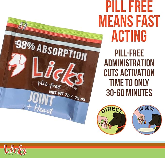 Licks Pill-Free Dog Joint and Heart - Glucosamine &amp; Omega 3 Fish Oil Supplement for Dogs - Inflammation Supplements for Joint Support - Gel Packets - 10 Use