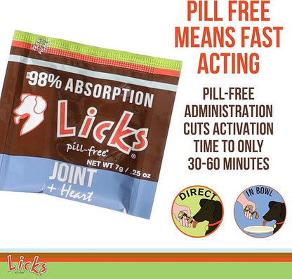 Licks Pill-Free Dog Joint and Heart - Glucosamine &amp; Omega 3 Fish Oil Supplement for Dogs - Inflammation Supplements for Joint Support - Gel Packets - 10 Use