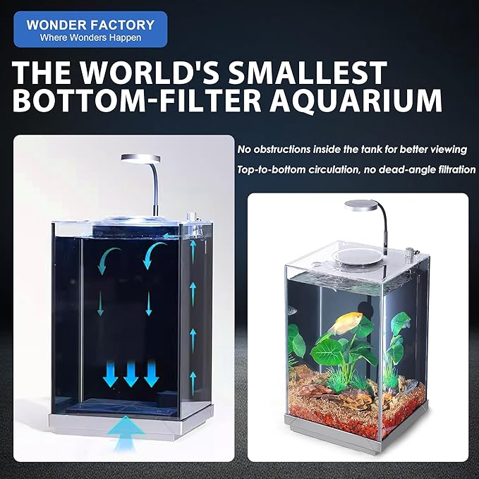 Wonderfactory 3 Gallon Aquarium Fish Tank, Self-Cleaning Betta Tank with Filter and Light, Starter kit with Rocks, Plants &amp; Cleaning Tools, Suitable for Beginners and Hobbyists