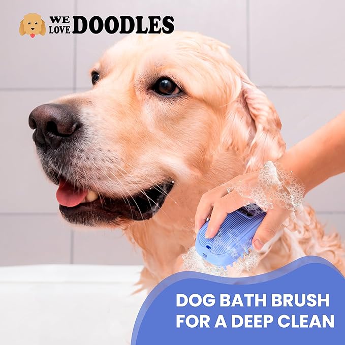 Bath Brush for Pet Grooming &amp; Massage - Rubber Scrubbing Brush for Showers, Ideal for Long &amp; Short Haired Dogs and Cats, Essential Puppy Accessory, Long Pins [We Love Doodles]