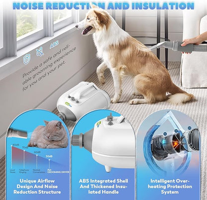 Dog Dryer for Pet Grooming Professional, 6HP/3500W High Velocity Blow Dryer for Dogs, Dual Motor Pet Dryer, Adjustable Temperature 95-125℉ &amp; Airflow 0-90 M/S, 2.5-7.5 FT Hose with 4 Nozzles