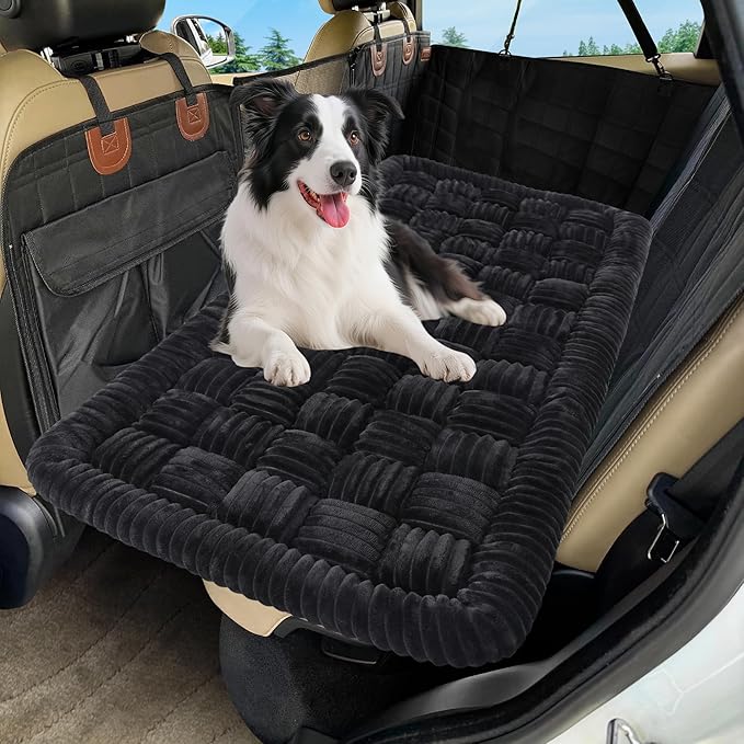 Dog Car Bed Mat, Non-Slip Backseat Extender Pet Blanket, Plaid Dog Bed for SUVs, Sedans &amp; Trucks, Chew-Resistant Travel Pad for Dogs, Easy Clean &amp; Scratch-Proof &amp; Comfort (50"x24.6") Black