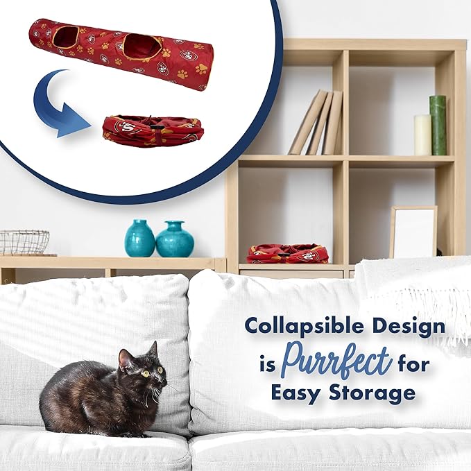 NFL San Francisco 49ers Cat Tunnel Tube Toy with Plush Football Catnip and Feathers Collapsible Tunnel for Cats to Play, Peek and Hide, Sporty &amp; Fun Cat Tunnel Toy with Team Logo All-Over Design!