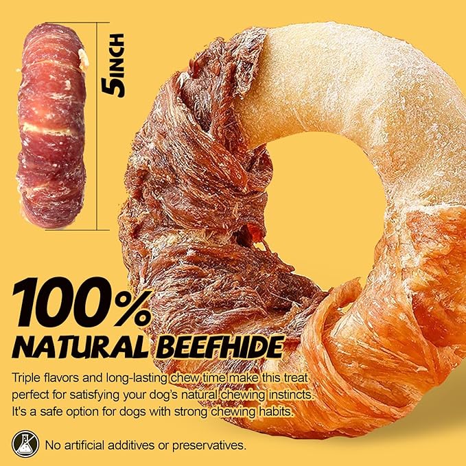 ASMPET Dog Treats Chews, Chicken &amp; Duck Wrapped Rawhide Donuts Dental Care Chews for Small Medium Large Breed Aggressive Chewers (Pack of 4)