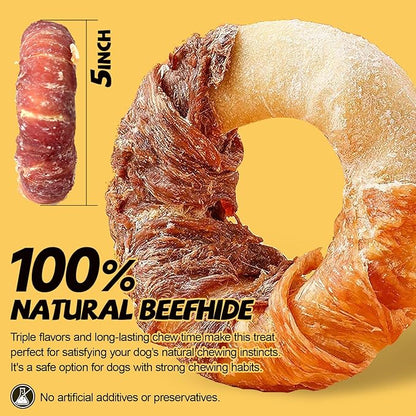 ASMPET Dog Treats Chews, Chicken &amp; Duck Wrapped Rawhide Donuts Dental Care Chews for Small Medium Large Breed Aggressive Chewers (Pack of 4)