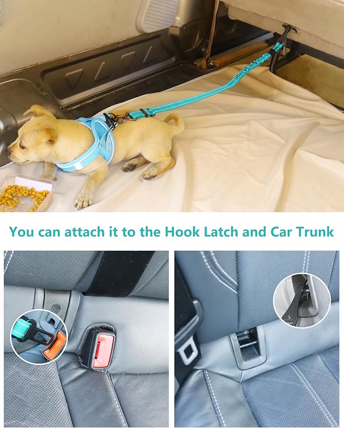 AUBELL Dog Seat Belt for Car,Updated 3-in-1 Adjustable Reflective Bungee Heavy Duty Dog Car Harness Tether with Clip Hook Latch &amp; Buckle,Swivel Zinc Alloy Carabiner,Teal