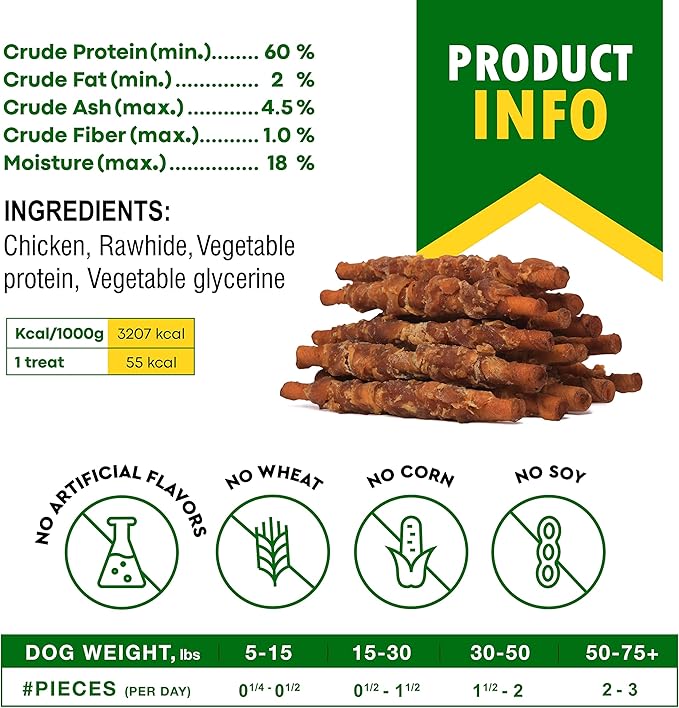 Dog Treats Rawhide Sticks Wrapped with Chicken 11 oz Pet Natural Chew Treats - Grain Free Meat &amp; Human Grade Dried Snacks - Best for Small &amp; Large Dogs (10.6 Ounce (Pack of 1), Smoked Chicken)