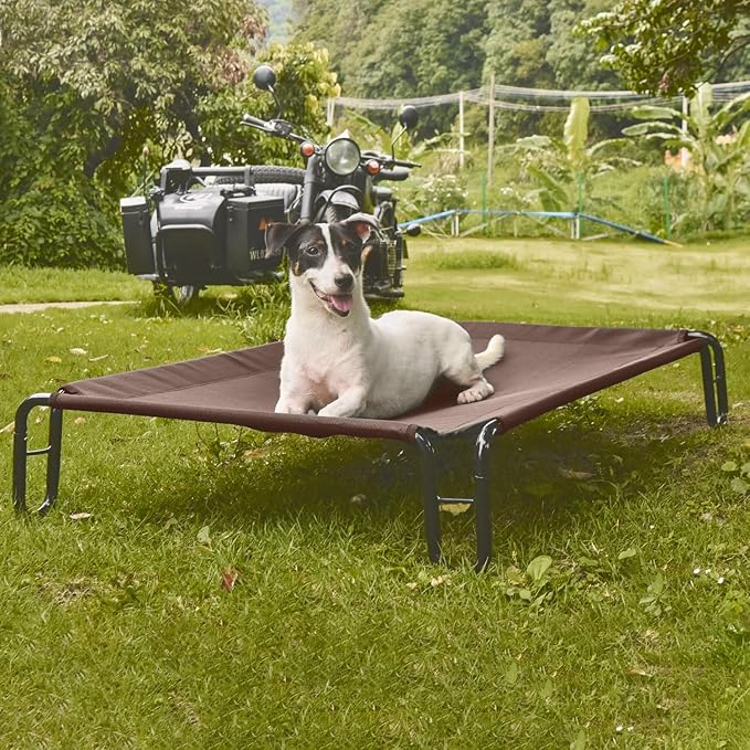 pettycare Elevated Outdoor Dog Bed - Raised Cots Beds for Small Dogs, Waterproof Pet Hommock Easy to Assemble, Cooling with Teslin Mesh, Durable, Non Slip, Indoor &amp; Outdoor, Up to 35 lbs, Brown