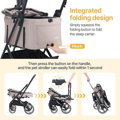 BEBEROAD X3 2 in 1 Pet Stroller for Medium or Two Small Dogs &amp; Cats 4 Wheels Lightweight Foldable Carrier Dog Stroller with Waterproof Weather Cover Cup Holder,Storage Basket(Camel)